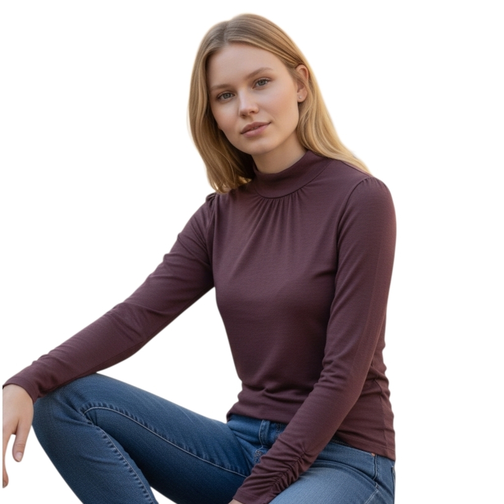 Y2K Minimalist Mock Neck Top Ruched Sleeves Modal Blend Chocolate Brown Medium